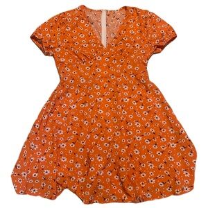 💜 SHEIN Orange & White Floral V-Neck Mini Dress, Size L